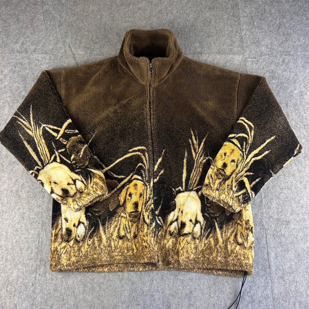 Cobblestone Canyon Jacket Men's L Brown Fleece Golden Retriever Print USA Made
